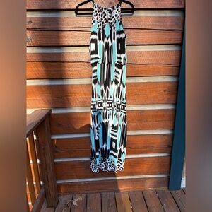 Black and Turquoise Maxi Dress with Animal Print Accents